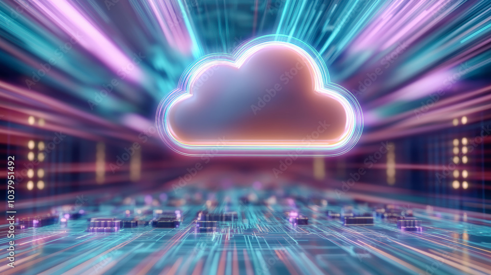 Poster a glowing cloud icon hovers over a digital circuit board, representing the concept of cloud computin