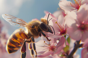 Naklejka premium A close-up of a bee collecting nectar from pink cherry blossom flowers in a vibrant spring setting.
