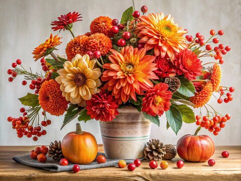 Vibrant red and orange flowers adorn a white backdrop in this watercolor autumn floral design, complemented by