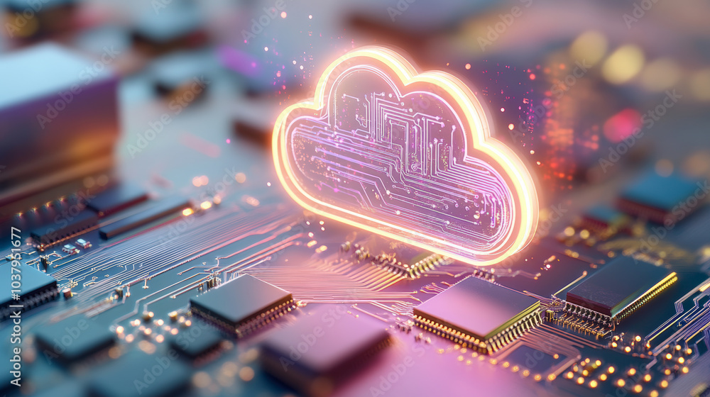 Poster a glowing cloud hologram hovers over a circuit board, symbolizing cloud computing technology and dig