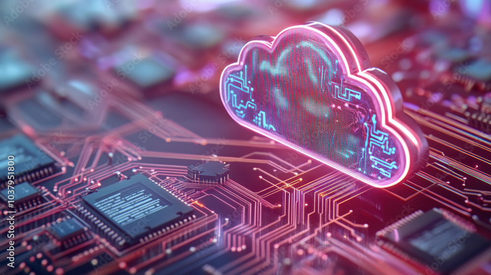 Poster a glowing cloud-shaped hologram hovers over a circuit board, symbolizing cloud computing and digital