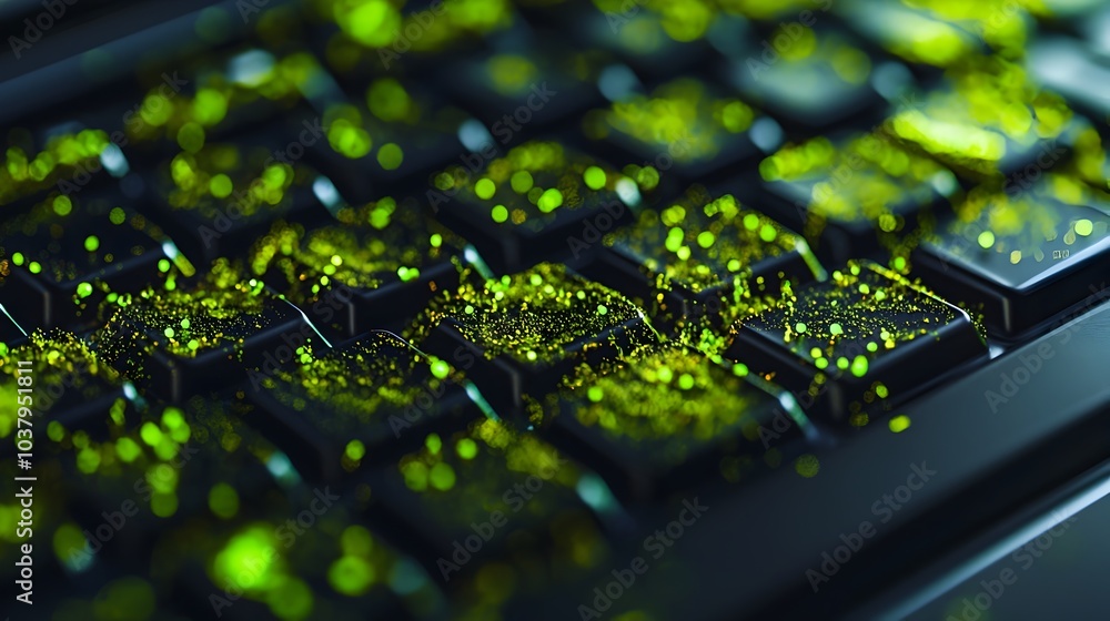 Poster detailed close-up of bacteria accumulating on computer keyboard spacebar showing contamination