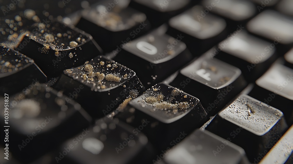Poster detailed close-up of bacteria accumulation on computer keyboard spacebar showing contamination