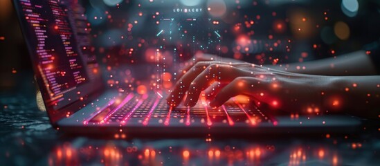 Hands typing on a laptop with glowing lines and light effects, close-up shot.
