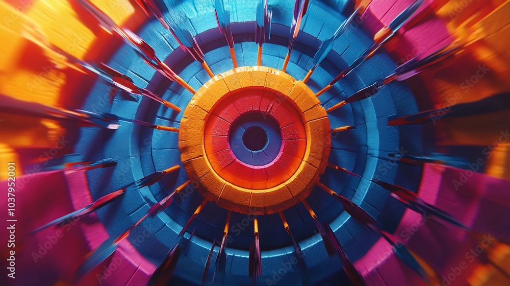 Poster abstract colorful geometric pattern with concentric circles and sharp angles in a radial design.