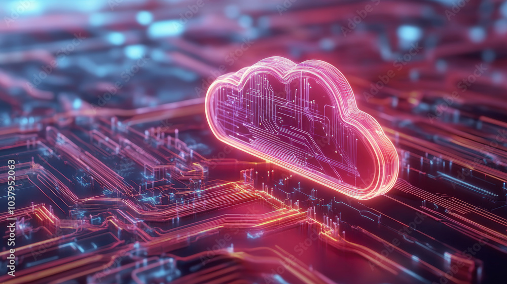 Poster a digital rendering of a glowing cloud symbol integrated into a futuristic circuit board, representi