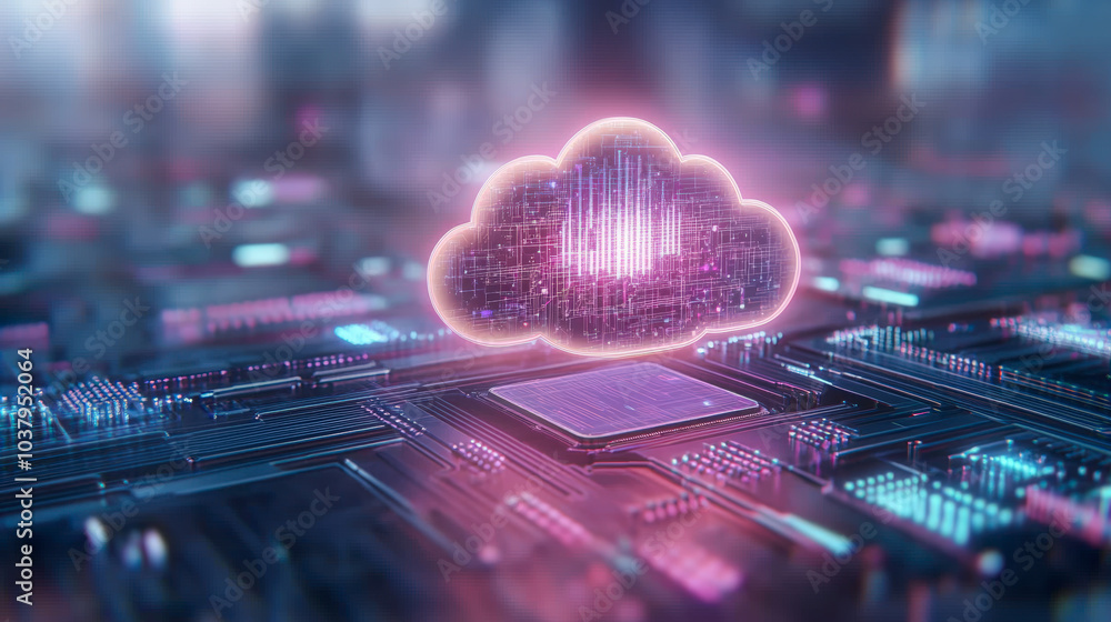 Poster a digital cloud hovering over a futuristic circuit board, symbolizing advanced technology and cloud 