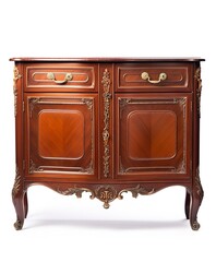 An elegant antique mahogany dresser, brass handles, carved details, traditional style, isolated on white background 