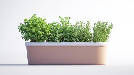 Herb Planter with Basil Mint and Rosemary in Modern Pot on White Background &ndash; Perfect for Kitchen Gardens. Generative AI