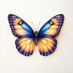 Obraz premium A vibrant butterfly showcasing brilliant blue and orange hues against a light background, symbolizing beauty and transformation.