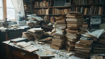 Fototapeta premium Old fashioned messy office desk covered in paperwork suggesting bankruptcy