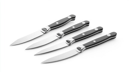 Fototapeta premium Set of four black-handled steak knives on a white background stainless steel blade kitchen cutlery. Generative AI