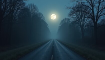 Fototapeta premium Full moon rising over a deserted mist-covered road with darkened trees lining the way and an eerie silence falling over the night.