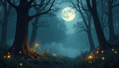 Dark enchanted forest filled with flickering fireflies and creeping shadows that dance in the mist beneath a ghostly full moon.