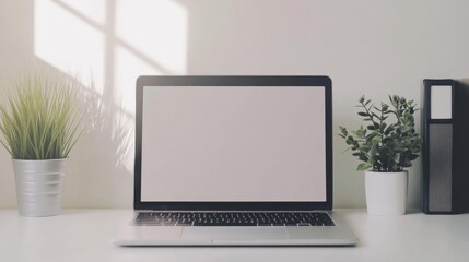 Minimalist Laptop Workspace with Greenery in Bright Sunlit Room – Ideal for Business or Office Stock Images. Generative AI