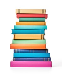 A stack of colorful hardcover books, neatly arranged, modern design, isolated on white background  