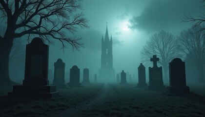 Haunted cemetery under a foggy night sky with gravestones casting long shadows and mysterious figures moving between the stones.
