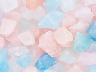 Collection of blue and pink pastel-colored translucent stones. Top view macro photography. Natural mineral texture for design and print