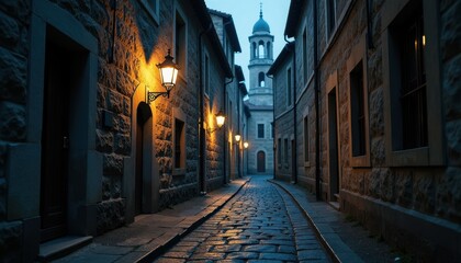 Fototapeta premium Shadowy alley with lanterns casting eerie glows on the old stone walls and an unsettling silence hanging in the cool night air.