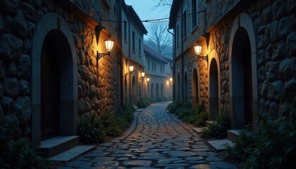 Fototapeta premium Shadowy alley with lanterns casting eerie glows on the old stone walls and an unsettling silence hanging in the cool night air.