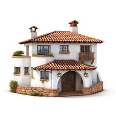 A Mediterranean villa, white stucco, terracotta roof tiles, isolated on white background 