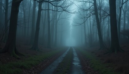 Fototapeta premium Dismal forest path bathed in fog and darkness where every step seems to get heavier as the unseen creatures of the woods watch silently.