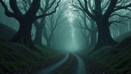 Gloomy path through an overgrown haunted forest at dusk with ancient trees twisting overhead and strange shapes moving in the mist.
