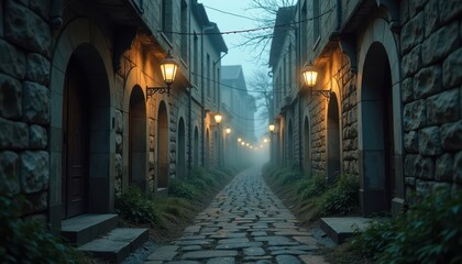 Obraz premium Abandoned alley with old streetlamps flickering through the thick mist and every crack in the stone walls hiding an ancient secret.