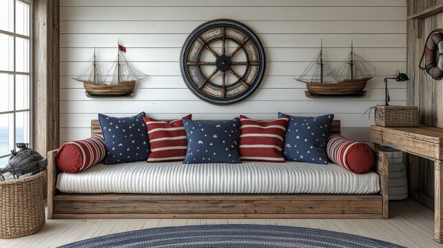 Nautical-themed children's bedroom with a ship wheel decor and wooden ship models on a shiplap wall. Generative AI