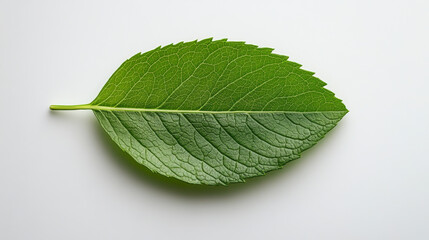 Fototapeta premium A single, vibrant green leaf with visible veins lies on a plain, light background, highlighting its detailed texture and natural beauty.