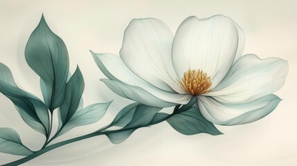 Obraz premium Elegant White Magnolia Flower Drawing with Intricate Green Leaves on a Soft Background. Generative AI
