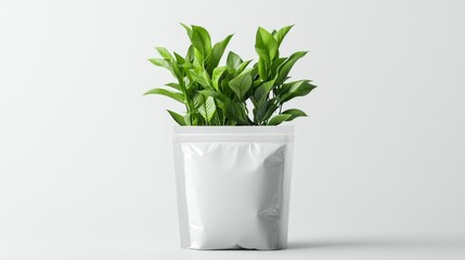 Plant Food Pack with Green Leaves Growing from a Minimalistic White Package. Generative AI