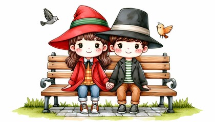 Fototapeta premium Cartoon cute couple in park isolated on white background