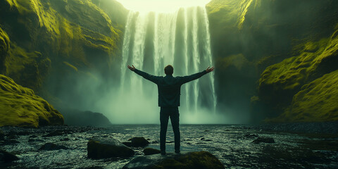 Obraz premium Man feeling small enjoying epic waterfall in iceland