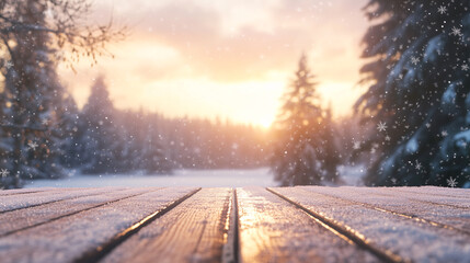 Fototapeta premium Winter christmas scenic landscape with wooden flooring strewn with snow in forest in background blurred fir-trees covered with snow on nature.
