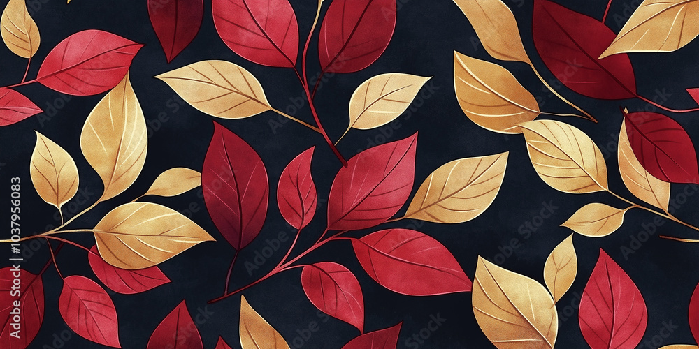 Poster red and gold leaves forming an autumn seamless pattern background