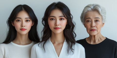 Three asian women posing together showing different generations