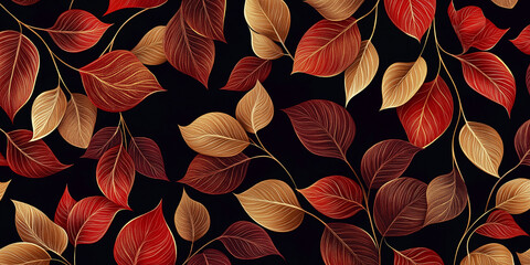 Seamless floral pattern with golden and red leaves on black background