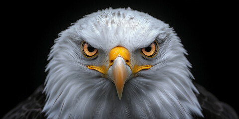 Obraz premium Majestic bald eagle staring intensely with piercing eyes on black background
