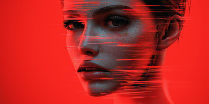 Woman face being scanned showing digital distortion effect