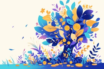 Vibrant Abstract Tree with Coins and Foliage in Blue and Gold