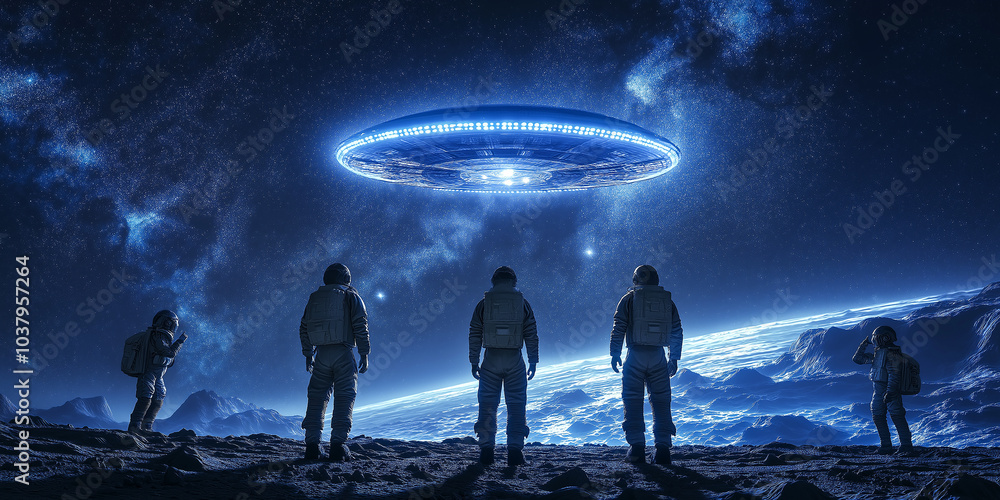 Poster astronauts watching ufo hovering over alien planet surface