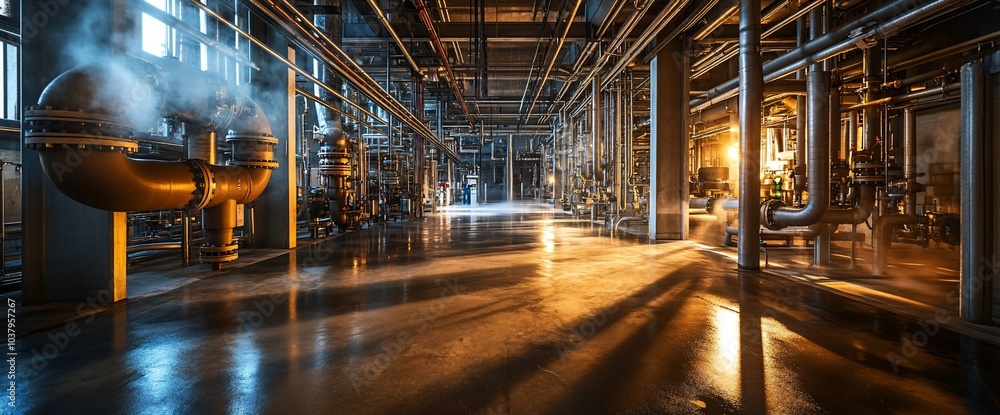 Poster an industrial setting with large metal pipes and steam rising from a central unit in the foreground.