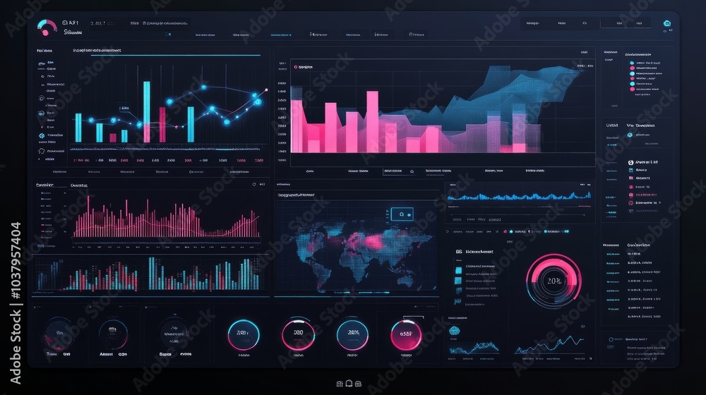Poster a business dashboard displaying ai-powered data insights, with bar charts and predictive analytics.