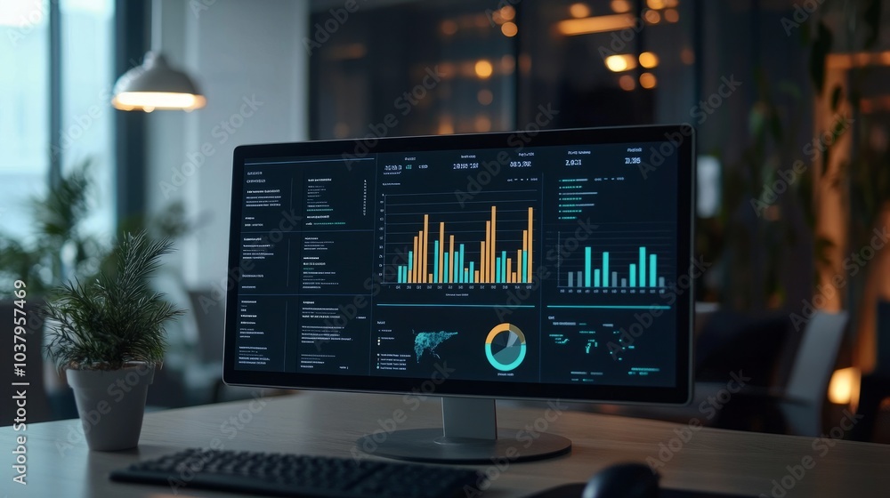 Poster a business dashboard displaying ai-powered data insights, with bar charts and predictive analytics.