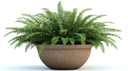 Potted Green Fern Plant in Brown Ceramic Pot on White Background. Generative AI