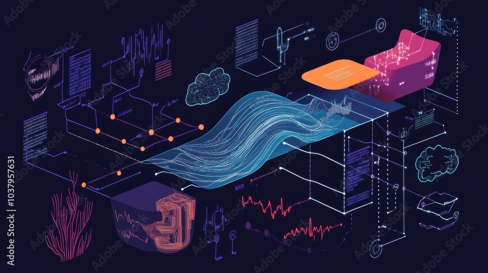 Poster a deep learning pipeline visualized as a sequence of steps from data input to prediction output.