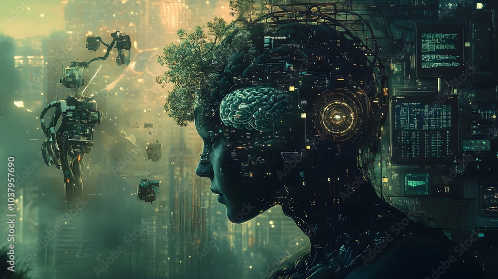Poster artificial intelligence and future technologies. mixed media.