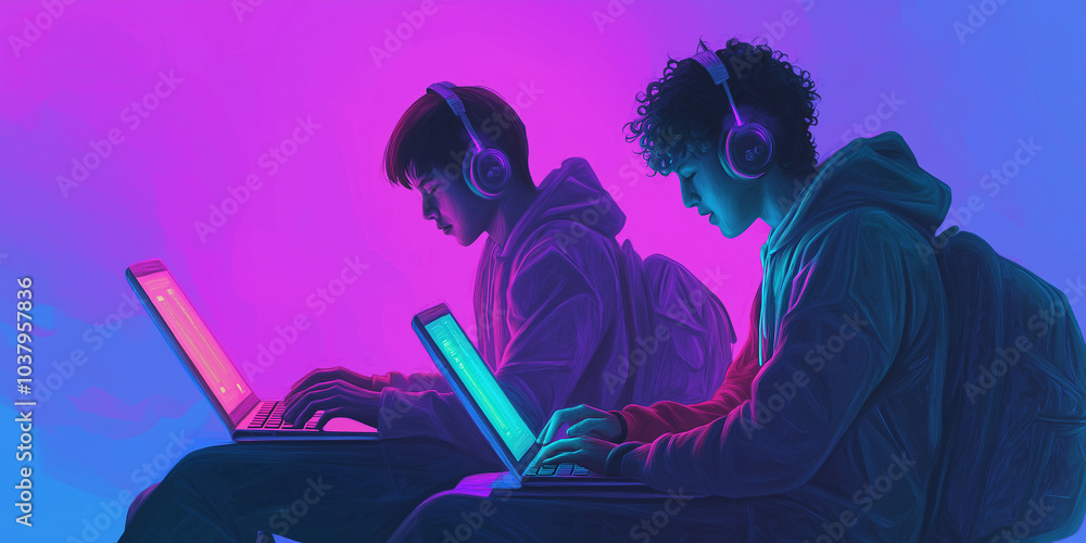 Poster two young programmers working on laptops with headphones in colorful neon lighting