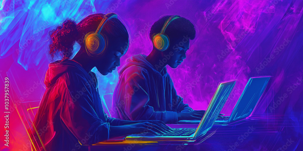 Poster Two programmers working on laptops in neon light with headphones